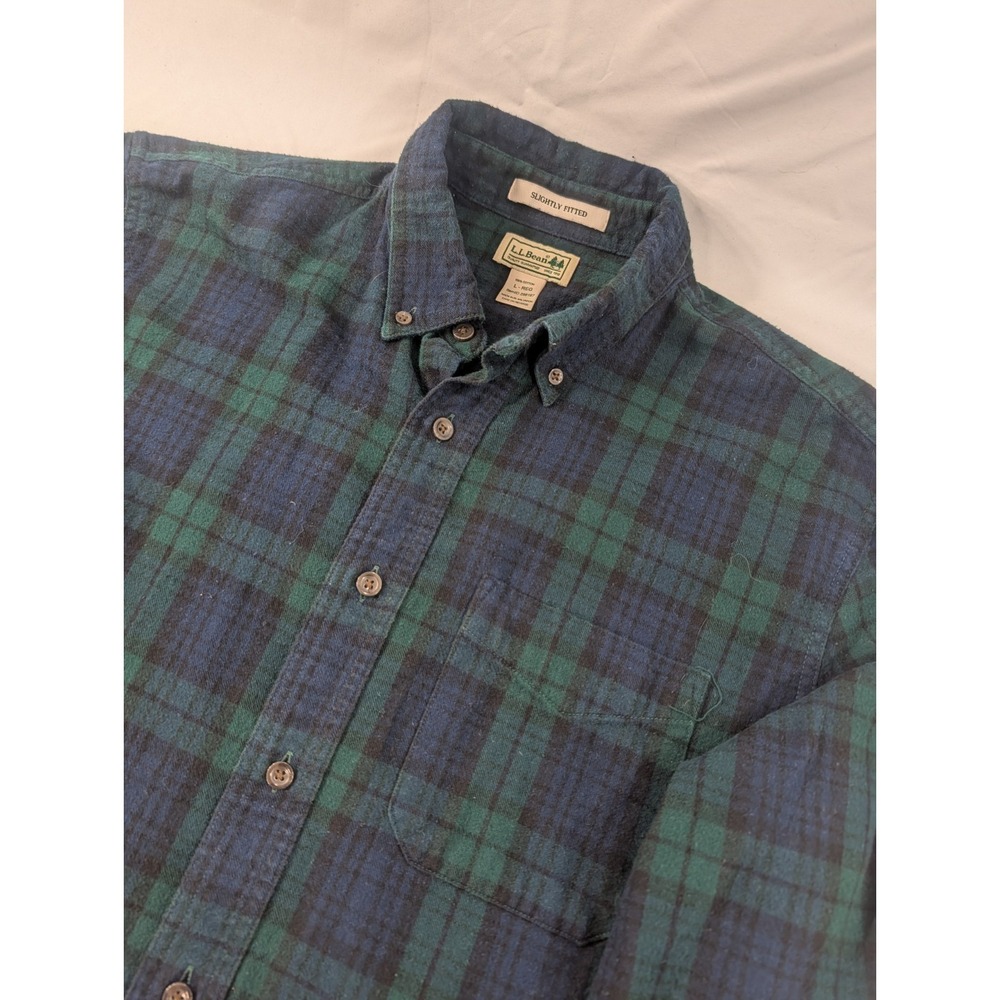 L.L. Bean Flannel Shirt Large Reg Green Blue Black Watch Plaid Slightly Fitted